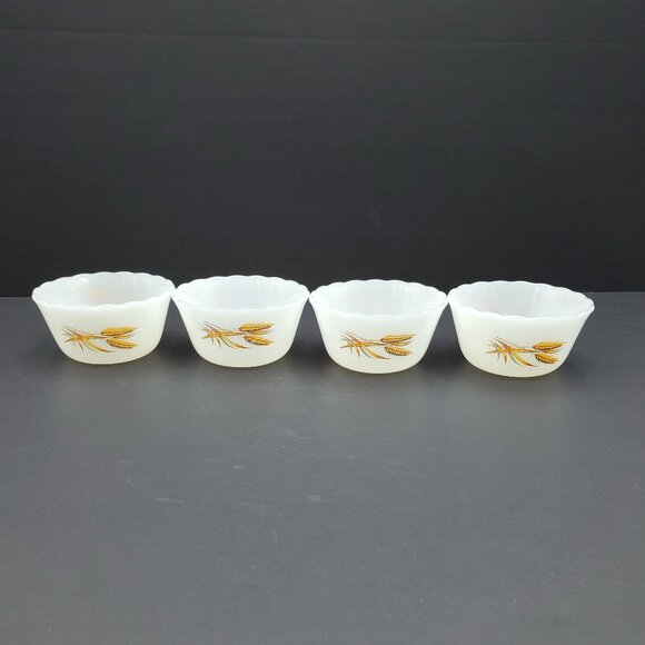 Anchor Hocking White custard Bowls with Gold Wheat Design - Picture 3 of 6
